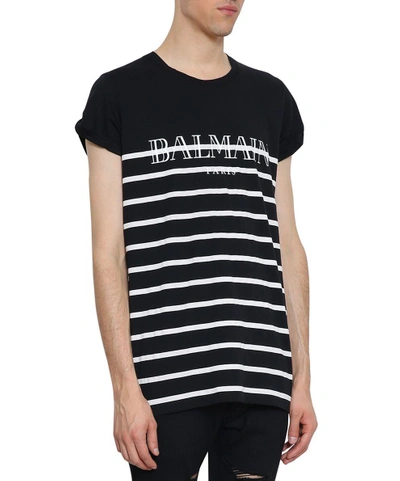 Shop Balmain Logo Striped Cotton T-shirt In Blu