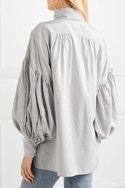 Shop Hillier Bartley Pussy-bow Pinstriped Silk And Cotton-blend Shirt In Stone