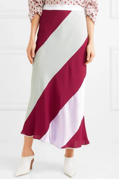 Shop Marni Striped Crepe De Chine Midi Skirt In Red