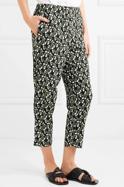 Shop Marni Cropped Floral-print Crepe Slim-leg Pants In Green