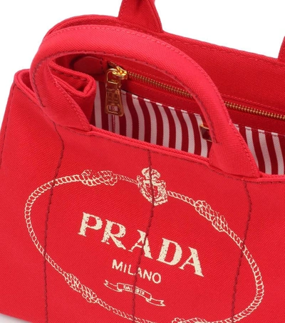 Shop Prada Printed Canvas Tote In Red