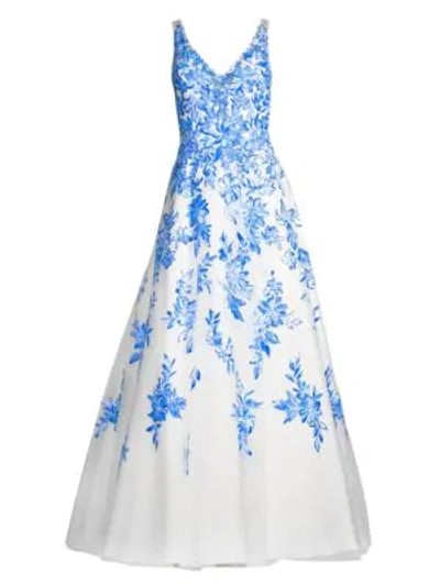 Shop Basix Black Label Floral Chiffon Floor-length Gown In White Navy