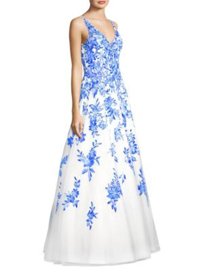 Shop Basix Black Label Floral Chiffon Floor-length Gown In White Navy