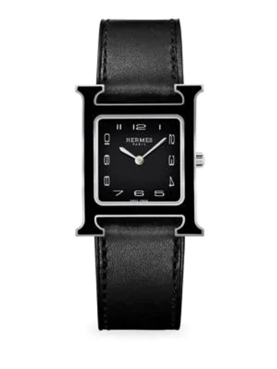 Shop Hermès Watches Heure H 26mm Lacquered Stainless Steel & Leather Strap Watch In Black