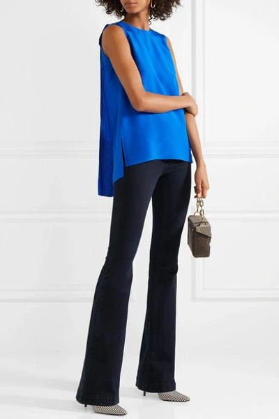 Shop Adam Lippes Pleated Silk Crepe De Chine Top In Bright Blue