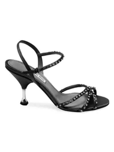 Shop Miu Miu Stiletto Heel Jeweled Leather Sandals In Black