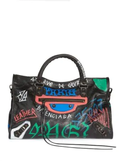 Shop Balenciaga Large City Graffiti Leather Satchel In Noir