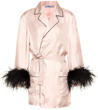 Shop Prada Feather Trimmed Silk Shirt In Pink