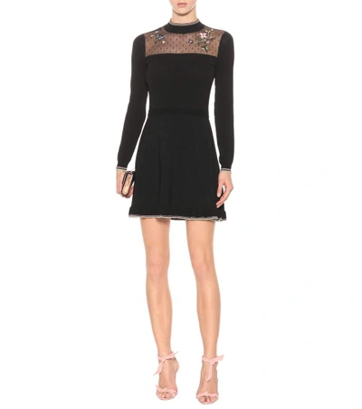 Shop Red Valentino Embroidered Knit Minidress In Black