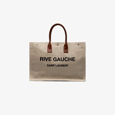 Shop Saint Laurent Rive Gauche Noe Linen Tote Bag In Beige