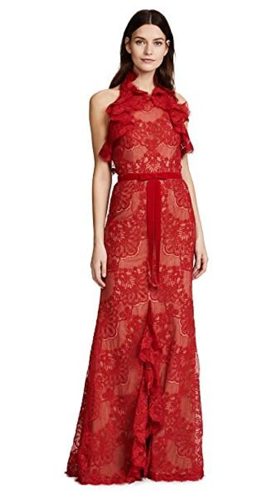 Shop Marchesa Notte Double Ruffle Lace Gown In Red