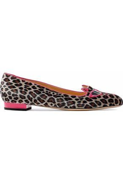 Shop Charlotte Olympia Woman Leather-trimmed Embroidered Leopard-print Satin Ballet Flats Chocolate