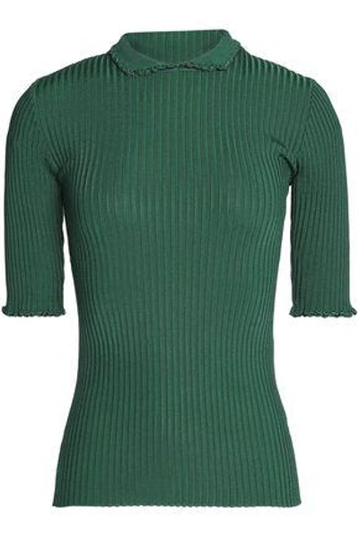 Shop Ganni Woman Ruffle-trimmed Ribbed-knit Top Green