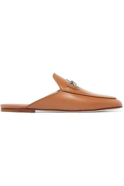 Shop Tod's Embellished Leather Slippers In Tan