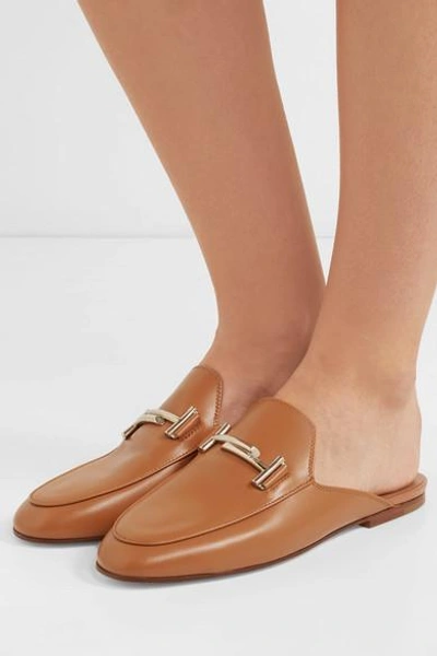 Shop Tod's Embellished Leather Slippers In Tan