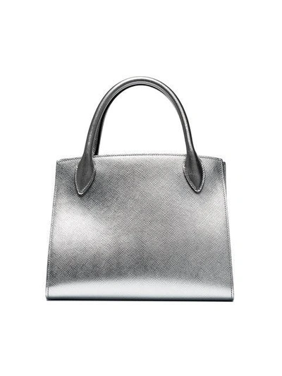 Shop Prada Silver Monogram Leather Tote Bag - Metallic