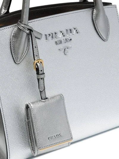 Shop Prada Silver Monogram Leather Tote Bag - Metallic