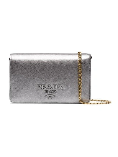 Shop Prada Silver Saffiano Leather Wallet On Chain Bag In Metallic