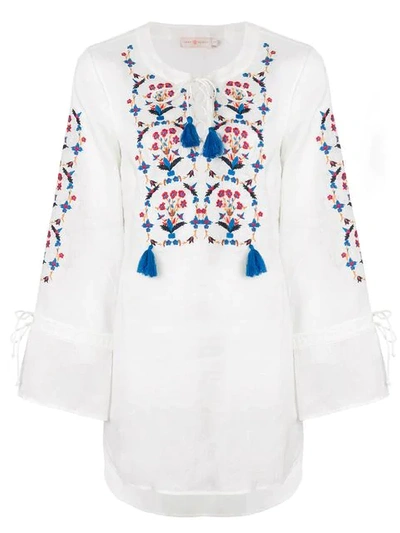 Shop Tory Burch Embroidered Tassel Top In White
