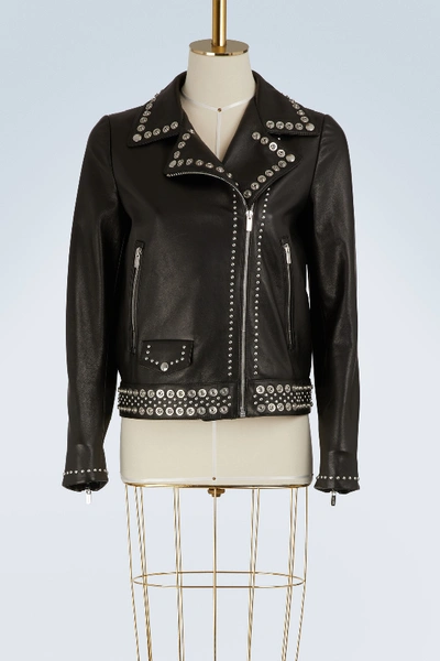 Shop Miu Miu Studded Leather Jacket In Black