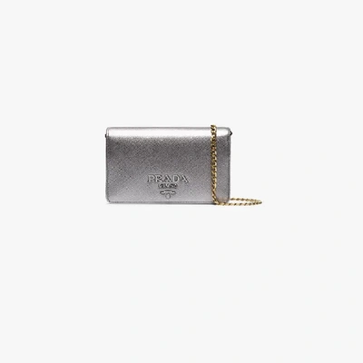 Shop Prada Silver Saffiano Leather Wallet On Chain Bag In Metallic