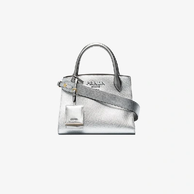 Shop Prada Silver Monogram Leather Tote Bag In Metallic
