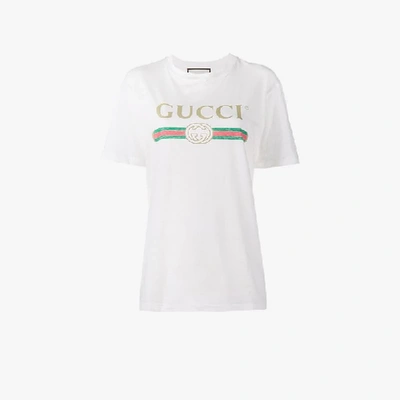 Shop Gucci White Fake Logo Cotton T-shirt