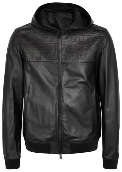 Shop Fendi Black Logo-embossed Leather Jacket