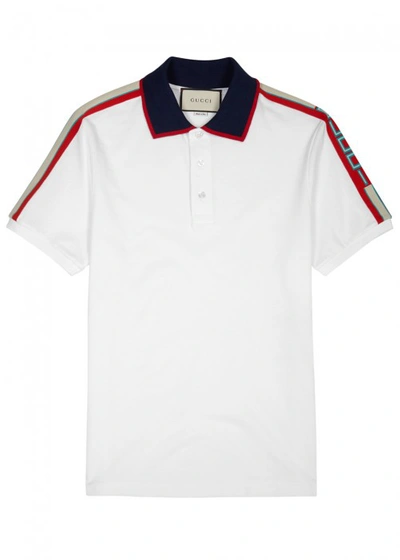 Shop Gucci Striped-trim Stretch Piqué Cotton Polo Shirt In White