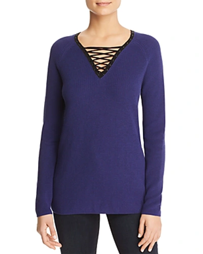 Shop Nic And Zoe Nic+zoe A Little Edge Lace-up Sweater In Electric Blue