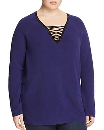Shop Nic And Zoe Plus Nic+zoe Plus A Little Edge Lace-up Sweater In Electric Blue