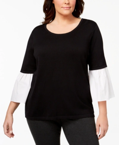 Shop Calvin Klein Plus Size Contrast Bell-sleeve Sweater In Black