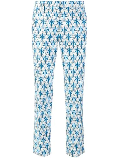 Shop Prada Floral Print Trousers In Blue
