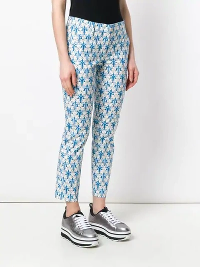 Shop Prada Floral Print Trousers In Blue