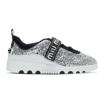 Shop Miu Miu Silver Glitter Logo Trainers