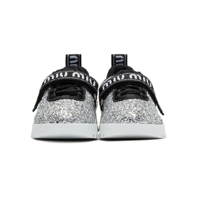 Shop Miu Miu Silver Glitter Logo Trainers