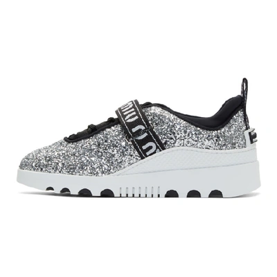 Shop Miu Miu Silver Glitter Logo Trainers