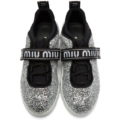 Shop Miu Miu Silver Glitter Logo Trainers