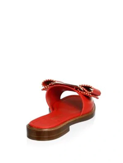 Shop Ferragamo Ornament Studded Bow Slide Leather Sandals In Lipstick