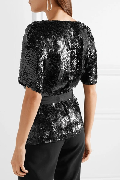 Shop Narciso Rodriguez Belted Sequined Silk Blouse In Black