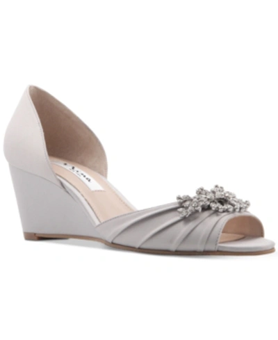 Shop Nina Emiko Embellished Evening Wedges Women's Shoes In Silver Satin