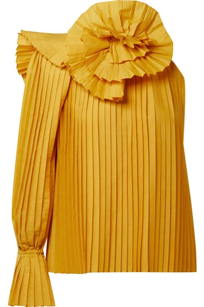 Shop Rosie Assoulin One-shoulder Pleated Poplin Top In Mustard