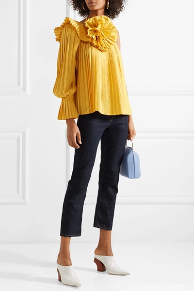 Shop Rosie Assoulin One-shoulder Pleated Poplin Top In Mustard