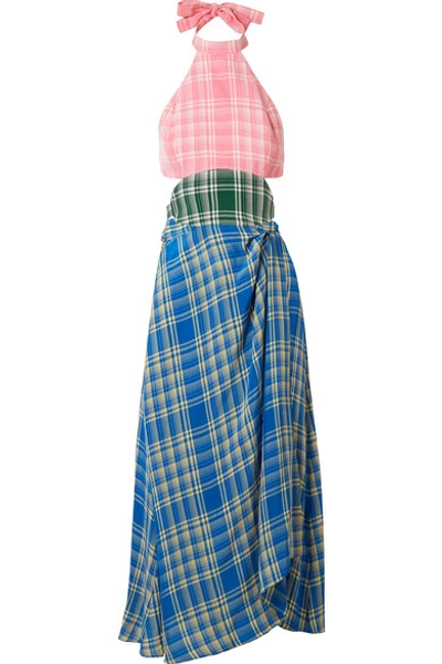 Shop Rosie Assoulin Cutout Checked Voile Midi Dress In Blue