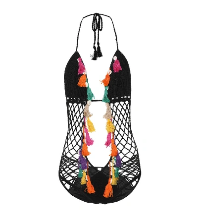 Shop Anna Kosturova Aztec Crocheted Cotton Swimsuit In Black