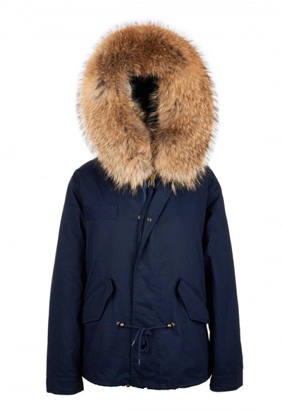 Shop Popski London Navy Parka Jacket With Natural Raccoon Fur Collar