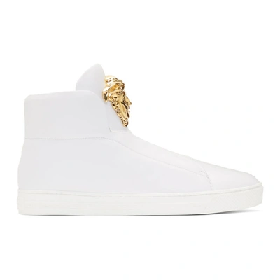 Shop Versace White Palazzo Slip-on Sneakers In D01o White/