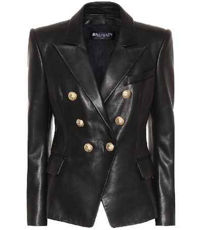 Shop Balmain Double-breasted Leather Blazer In Black