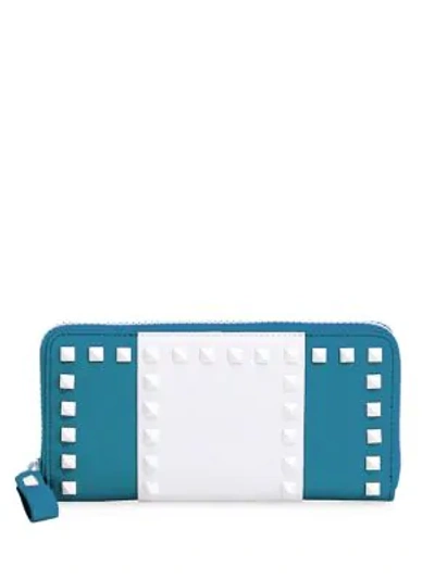 Shop Valentino Studded Two-tone Leather Continental Wallet In Bright Blue