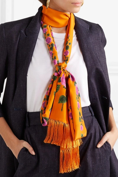 Shop Gucci Fringed Floral-print Silk Scarf In Orange